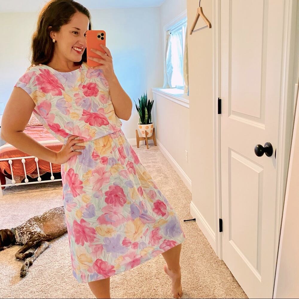 Vintage Mari Lynn Fashions Pink Watercolor Floral Mini Dress Small